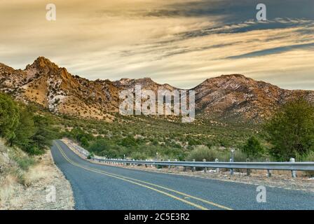 Patches of snow in December at Brooks Mtn seen from highway 166 in Davis Mountains, Texas, USA Stock Photo
