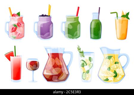 Summer tropical beverages collection, isolated on white background. Vector cartoon illustration. Smoothie, fresh juice, sangria, lemonade drinking gla Stock Vector