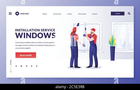 Plastic window repair and installation service. Handymen replace old windows to new ones. Vector flat cartoon character worker illustration. Home main Stock Vector