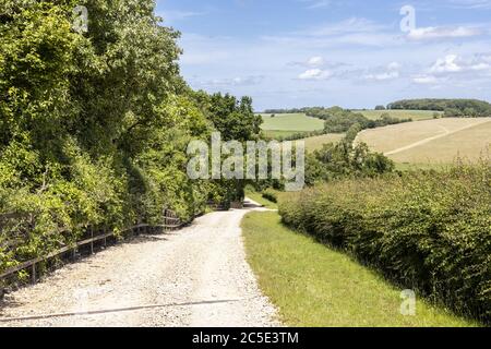 Campden Lane (an ancient drovers road) now a bridleway on the Cotswold Hills near the hamlet of Farmcote, Gloucestershire UK Stock Photo