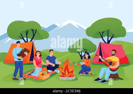 Summer camping and ecotourism. Happy friends have rest in forest or mountains camping in tents. Vector flat cartoon people characters illustration. Ou Stock Vector