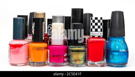 An assortment of Nail varnish Bottles on a white background Stock Photo