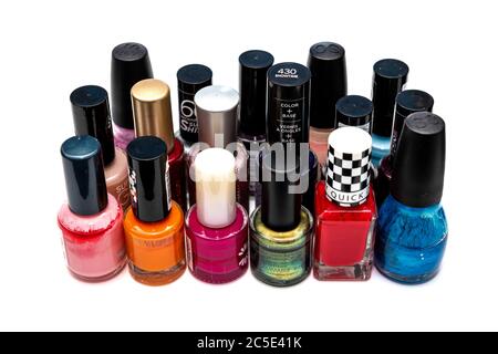 An assortment of Nail varnish Bottles on a white background Stock Photo