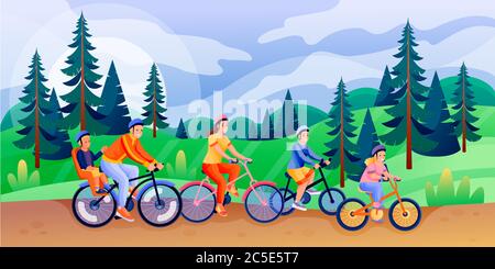Happy family with three children rides bicycles. Father, mother, boy, girl have spring or summer cycling trip. Vector flat cartoon characters illustra Stock Vector