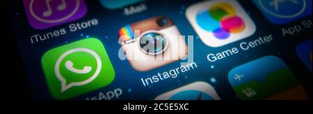 Moscow - March 11, 2019: Instagram logo on IPhone screen close-up. Application icon of Instagram social media on smartphone, macro view. Instagram and Stock Photo