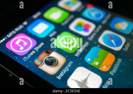 Moscow - March 11, 2019: Instagram logo on IPhone screen close-up. Application icon of Instagram social media on smartphone, macro view. Instagram and Stock Photo