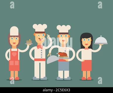 Chef cook man and woman, waitress in uniform in flat style Stock Vector