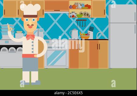 Happy chef at the kitchen interior. Flat illustration. Stock Vector