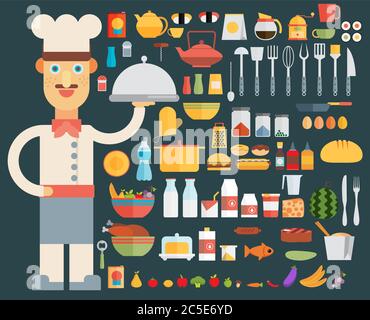 Chef Cooking Kitchen Tools set, Flat Vector illustration Stock Vector