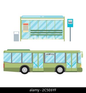 modern flat design public transport items bus stop structure and city transit shorter distance bus, side view Stock Vector