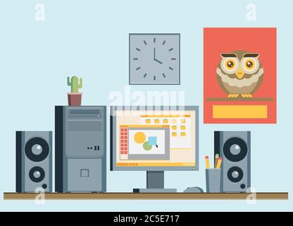 Flat design vector illustration of modern office interior with designer desktop showing design application Stock Vector