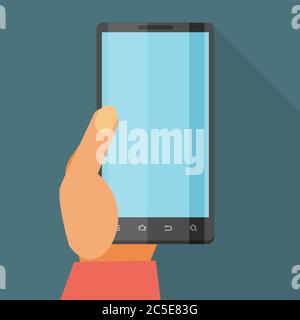 Hand holding Mobile phone. Flat icon whit long shadow. Vector illustration Stock Vector