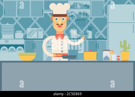 Happy chef at the kitchen interior. Flat illustration. Stock Vector