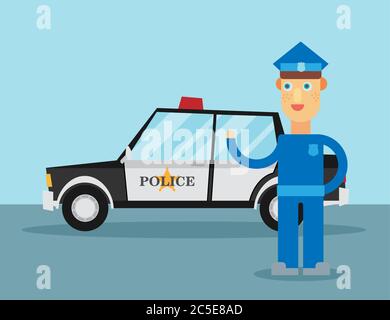 Police officer stands in front of police car. Security male, car and officer, cop man, vector illustration Stock Vector