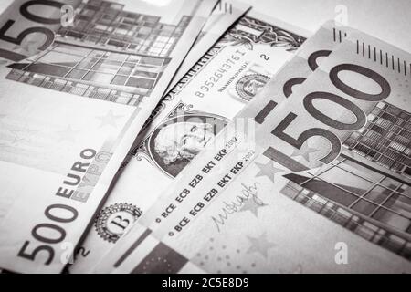 1 Dollar Bill Versus A Lot Of 500 Euro Money Banknotes Stock Photo -  Download Image Now - iStock