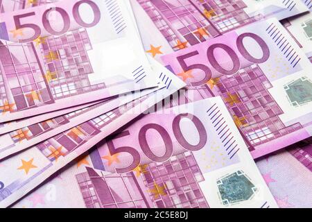 500 euro money banknotes background. Five hundred notes of European Union currency. Stack of euro money cash close-up. Concept of bank, stock and weal Stock Photo