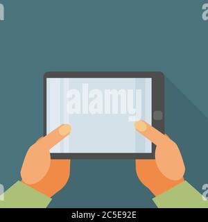 Hand holding tablet pc with blank screen - Flat style Stock Vector