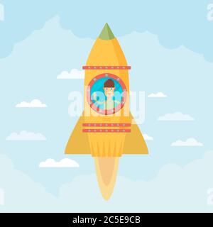 Startup Business. Flat design illustration. Man in a rocket Stock Vector