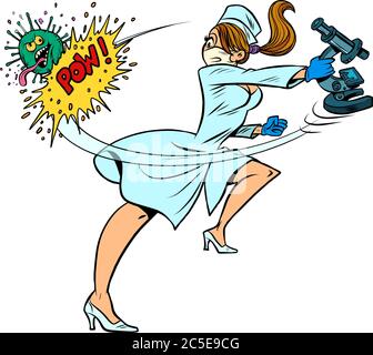 super hero nurse kills coronavirus, scientific research Stock Vector