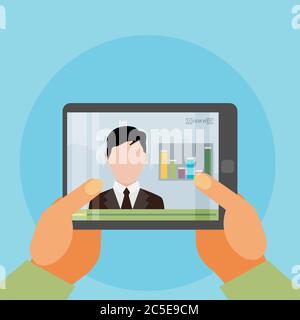 Vector flat illustration of webinar, online conference, lectures and training in internet. Stock Vector