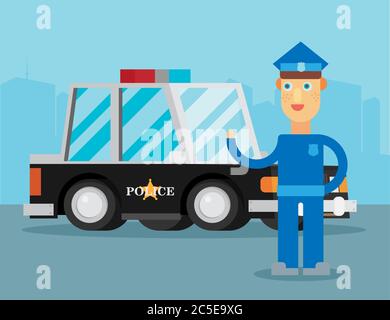 Police officer stands in front of police car. Security male, car and officer, cop man, vector illustration Stock Vector