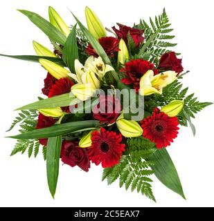Bouquet of red roses and gerberas isolated on white background Stock Photo