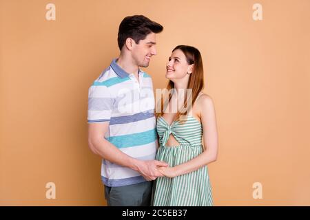 Portrait of his he her she nice attractive lovely charming affectionate careful cute tender gentle dreamy cheerful cheery couple holding hands Stock Photo