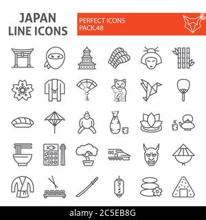 Japan line icon set, japanese food symbols collection, vector sketches, logo illustrations, asian culture signs linear pictograms package isolated on Stock Vector