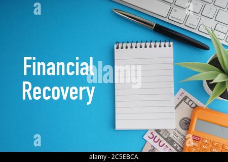 FINANCIAL RECOVERY text with banknotes currencies, fountain pen, notepad, decorative plant, keyboard and calculator on blue background. Coronavirus Co Stock Photo