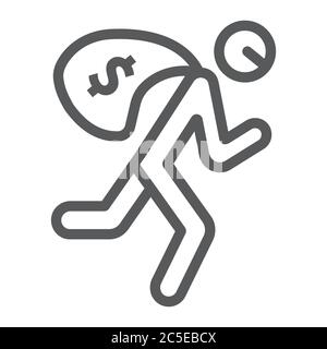 Robbery line and glyph icon, crime and burglary, thief with money bag ...