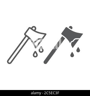 Bloody axe line and glyph icon, halloween and blade, ax with blood sign, vector graphics, a linear pattern on a white background. Stock Vector