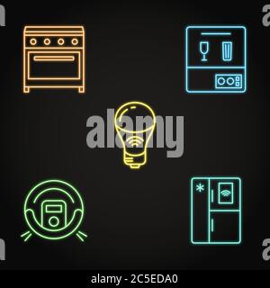 Neon housework automation icon set. Smart vacuum cleaner, electric range, smart light bulb, dishwasher and refrigerator symbols. Vector illustration. Stock Vector