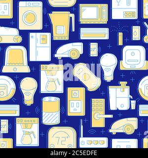 Automated home seamless pattern in colored line style. Repeating background with smart things. Vector illustration. Stock Vector
