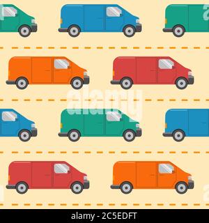Seamless pattern with colorful minivan cars in flat style on the road Stock Vector