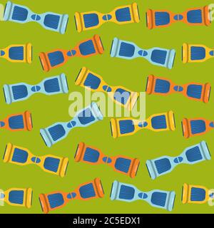 Flat style seamless pattern with gyroscope symbols. Modern hoverboard icons on green background, Stock Vector