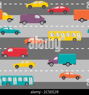 Flat style seamless pattern with city transportation. Urban transport - cars, trucks and buses on the road. Stock Vector