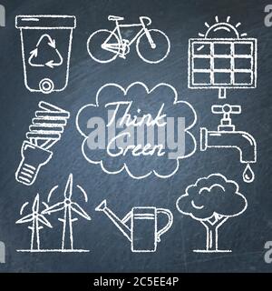 Collection of ecology icons on chalkboard. Think green lettering. Renewable energy, ecology transport and other symbols in sketch style. Stock Vector