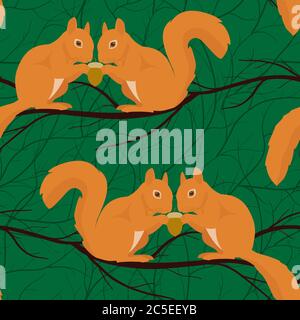 Seamless pattern with squirrel pairs sitting on the branch Stock Vector