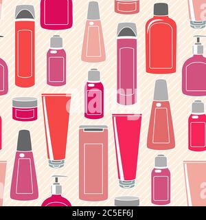 Seamless pattern with cosmetics bottles over striped background Stock Vector