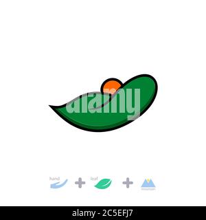 Natural logo, a combination of hand, leaf and mountain icons, symbolizes the care for the environment and nature, modern design, simple and minimal. Stock Vector