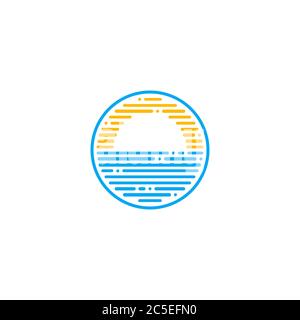 Ocean logo, combination of sun and sea water design element, with dashed line concept, isolated on white background. Stock Vector