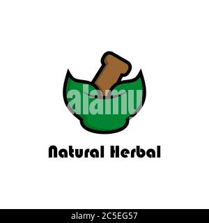 Traditional herbal logos, leaf bowl and pestle design concept isolated on white background. Stock Vector