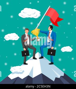 Two businessmans standing on top of mountain with flag and trophy. Symbol of victory, successful mission, goal and achievement. Trials and testing. Win, business success. Flat vector illustration Stock Vector