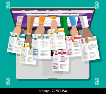 Job Resume Document Out From Laptop. Hands Holding Cv Resume Pap