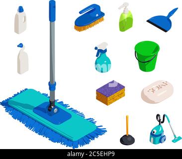 Cleaner equipment icons set. Isometric set of cleaner equipment vector icons for web design isolated on white background Stock Vector