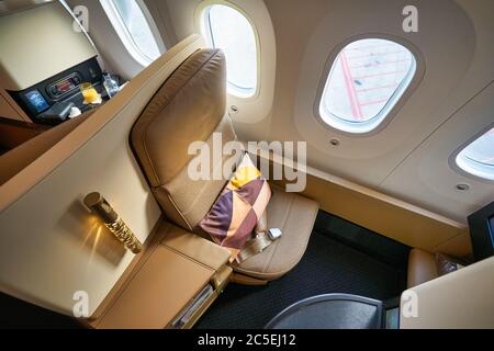 BANGKOK, THAILAND - CIRCA JANUARY, 2020: interior shot of Etihad Airways Boeing 787 Dreamliner Stock Photo
