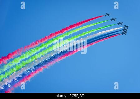 Moscow Region - July 21, 2017: Aerobatic display team from the United Arab Emirates at the International Aviation and Space Salon (MAKS) in Zhukovsky. Stock Photo