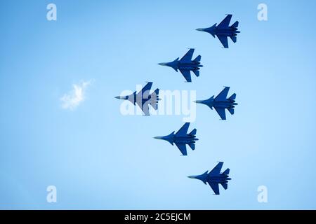 Moscow Region - July 21, 2017: Aerobatic display team 'Russian Knights' on Su-30SM at the International Aviation and Space Salon (MAKS) in Zhukovsky. Stock Photo