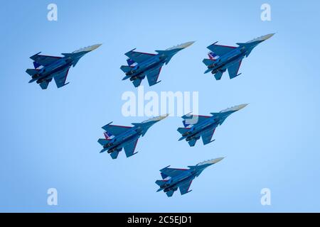 Moscow Region - July 21, 2017: Aerobatic display team 'Russian Knights' on Su-30SM at the International Aviation and Space Salon (MAKS) in Zhukovsky. Stock Photo