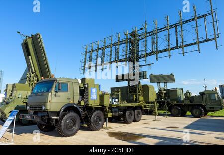 Moscow Region - July 21, 2017: Modern Russian military mobile radar stations at the International Aviation and Space Salon (MAKS). Stock Photo